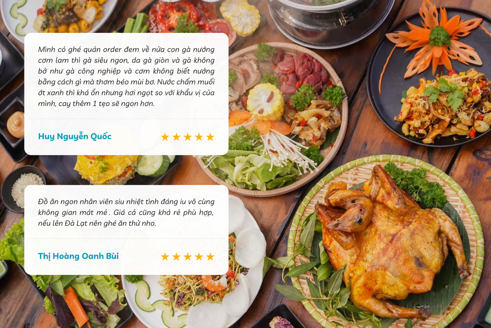 Qu&aacute;n nổi tiếng với m&oacute;n g&agrave; nướng cơm lam thơm gi&ograve;n, b&eacute;o ngậy h&ograve;a c&ugrave;ng muối ớt xanh chua cay k&iacute;ch th&iacute;ch mọi gi&aacute;c quan